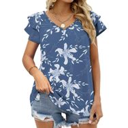 AILLOSA YH-362 Tamamı Baskılı Fırfırlı Kısa Kollu V Yakalı Kadın T-shirt