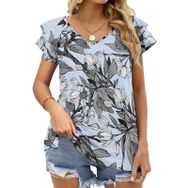 AILLOSA YH-363 Tamamı Baskılı Fırfırlı Kısa Kollu V Yakalı Kadın T-shirt
