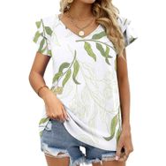 AILLOSA YH-364 Tamamı Baskılı Fırfırlı Kısa Kollu V Yakalı Kadın T-shirt
