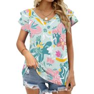 AILLOSA YH-365 Tamamı Baskılı Fırfırlı Kısa Kollu V Yakalı Kadın T-shirt