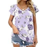 AILLOSA YH-366 Tamamı Baskılı Fırfırlı Kısa Kollu V Yakalı Kadın T-shirt