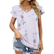 AILLOSA YH-367 Tamamı Baskılı Fırfırlı Kısa Kollu V Yakalı Kadın T-shirt