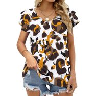 AILLOSA YH-368 Tamamı Baskılı Fırfırlı Kısa Kollu V Yakalı Kadın T-shirt