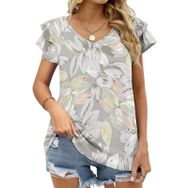 AILLOSA YH-369 Tamamı Baskılı Fırfırlı Kısa Kollu V Yakalı Kadın T-shirt
