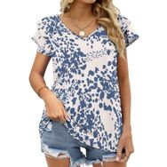 AILLOSA YH-370 Tamamı Baskılı Fırfırlı Kısa Kollu V Yakalı Kadın T-shirt