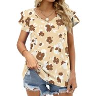 AILLOSA YH-371 Tamamı Baskılı Fırfırlı Kısa Kollu V Yakalı Kadın T-shirt