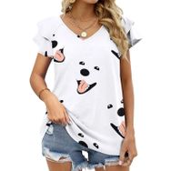 AILLOSA YH-373 Tamamı Baskılı Fırfırlı Kısa Kollu V Yakalı Kadın T-shirt