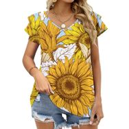 AILLOSA YH-374 Tamamı Baskılı Fırfırlı Kısa Kollu V Yakalı Kadın T-shirt