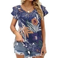 AILLOSA YH-377 Tamamı Baskılı Fırfırlı Kısa Kollu V Yakalı Kadın T-shirt