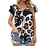 AILLOSA YH-378 Tamamı Baskılı Fırfırlı Kısa Kollu V Yakalı Kadın T-shirt