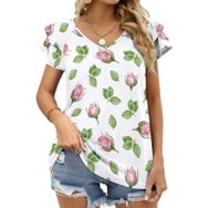 AILLOSA YH-379 Tamamı Baskılı Fırfırlı Kısa Kollu V Yakalı Kadın T-shirt