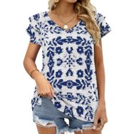 AILLOSA YH-38 Tamamı Baskılı Fırfırlı Kısa Kollu V Yakalı Kadın T-shirt