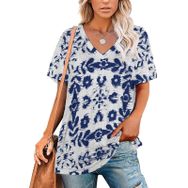 AILLOSA YH-38 Tamamı Baskılı V Yaka Kısa Kollu Kadın T-Shirt
