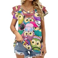 AILLOSA YH-381 Tamamı Baskılı Fırfırlı Kısa Kollu V Yakalı Kadın T-shirt