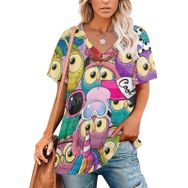 AILLOSA YH-381 Tamamı Baskılı V Yaka Kısa Kollu Kadın T-Shirt
