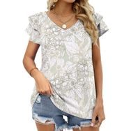 AILLOSA YH-382 Tamamı Baskılı Fırfırlı Kısa Kollu V Yakalı Kadın T-shirt