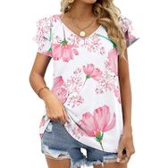 AILLOSA YH-383 Tamamı Baskılı Fırfırlı Kısa Kollu V Yakalı Kadın T-shirt