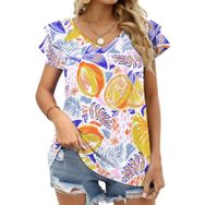 AILLOSA YH-384 Tamamı Baskılı Fırfırlı Kısa Kollu V Yakalı Kadın T-shirt