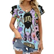 AILLOSA YH-385 Tamamı Baskılı Fırfırlı Kısa Kollu V Yakalı Kadın T-shirt