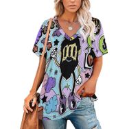 AILLOSA YH-385 Tamamı Baskılı V Yaka Kısa Kollu Kadın T-Shirt