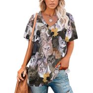 AILLOSA YH-386 Tamamı Baskılı V Yaka Kısa Kollu Kadın T-Shirt