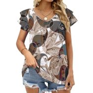 AILLOSA YH-387 Tamamı Baskılı Fırfırlı Kısa Kollu V Yakalı Kadın T-shirt