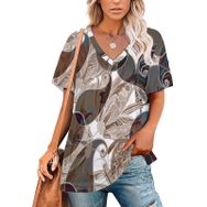 AILLOSA YH-387 Tamamı Baskılı V Yaka Kısa Kollu Kadın T-Shirt