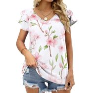 AILLOSA YH-388 Tamamı Baskılı Fırfırlı Kısa Kollu V Yakalı Kadın T-shirt