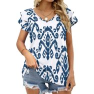 AILLOSA YH-39 Tamamı Baskılı Fırfırlı Kısa Kollu V Yakalı Kadın T-shirt