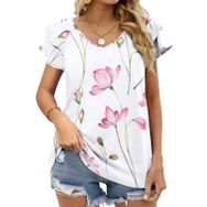 AILLOSA YH-390 Tamamı Baskılı Fırfırlı Kısa Kollu V Yakalı Kadın T-shirt