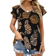 AILLOSA YH-392 Tamamı Baskılı Fırfırlı Kısa Kollu V Yakalı Kadın T-shirt