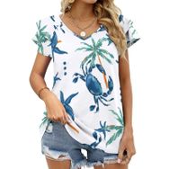 AILLOSA YH-394 Tamamı Baskılı Fırfırlı Kısa Kollu V Yakalı Kadın T-shirt