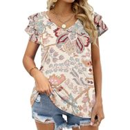 AILLOSA YH-395 Tamamı Baskılı Fırfırlı Kısa Kollu V Yakalı Kadın T-shirt