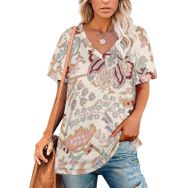 AILLOSA YH-395 Tamamı Baskılı V Yaka Kısa Kollu Kadın T-Shirt