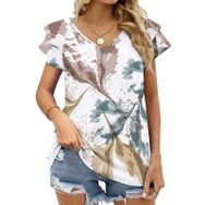 AILLOSA YH-396 Tamamı Baskılı Fırfırlı Kısa Kollu V Yakalı Kadın T-shirt