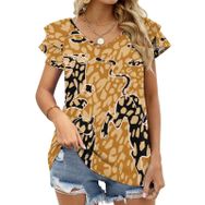 AILLOSA YH-399 Tamamı Baskılı Fırfırlı Kısa Kollu V Yakalı Kadın T-shirt