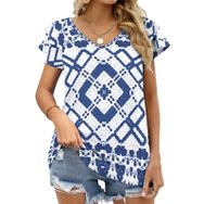 AILLOSA YH-40 Tamamı Baskılı Fırfırlı Kısa Kollu V Yakalı Kadın T-shirt