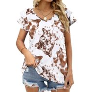 AILLOSA YH-400 Tamamı Baskılı Fırfırlı Kısa Kollu V Yakalı Kadın T-shirt