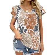AILLOSA YH-401 Tamamı Baskılı Fırfırlı Kısa Kollu V Yakalı Kadın T-shirt