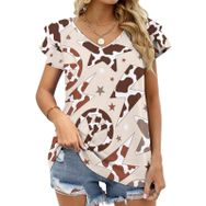 AILLOSA YH-402 Tamamı Baskılı Fırfırlı Kısa Kollu V Yakalı Kadın T-shirt