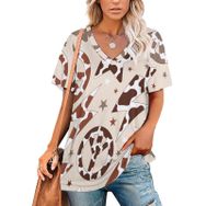 AILLOSA YH-402 Tamamı Baskılı V Yaka Kısa Kollu Kadın T-Shirt