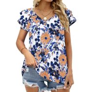 AILLOSA YH-406 Tamamı Baskılı Fırfırlı Kısa Kollu V Yakalı Kadın T-shirt
