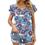AILLOSA YH-409 Tamamı Baskılı Fırfırlı Kısa Kollu V Yakalı Kadın T-shirt