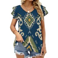 AILLOSA YH-41 Tamamı Baskılı Fırfırlı Kısa Kollu V Yakalı Kadın T-shirt