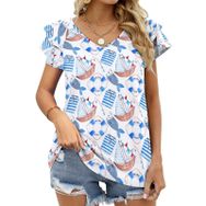 AILLOSA YH-411 Tamamı Baskılı Fırfırlı Kısa Kollu V Yakalı Kadın T-shirt