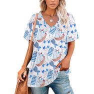 AILLOSA YH-411 Tamamı Baskılı V Yaka Kısa Kollu Kadın T-Shirt
