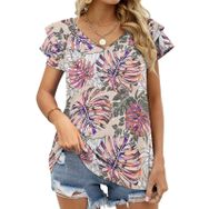 AILLOSA YH-412 Tamamı Baskılı Fırfırlı Kısa Kollu V Yakalı Kadın T-shirt