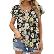 AILLOSA YH-415 Tamamı Baskılı Fırfırlı Kısa Kollu V Yakalı Kadın T-shirt