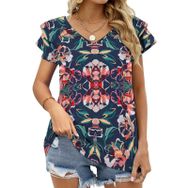 AILLOSA YH-416 Tamamı Baskılı Fırfırlı Kısa Kollu V Yakalı Kadın T-shirt