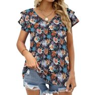 AILLOSA YH-417 Tamamı Baskılı Fırfırlı Kısa Kollu V Yakalı Kadın T-shirt